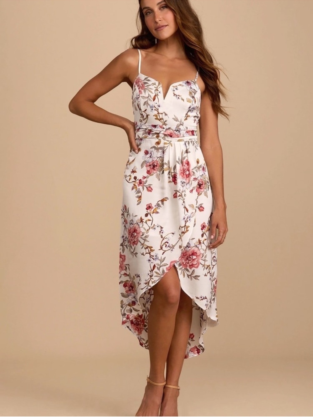 Lulus Ivory Floral Midi Dress Sweetheart Neck Tulip Wrap Medium